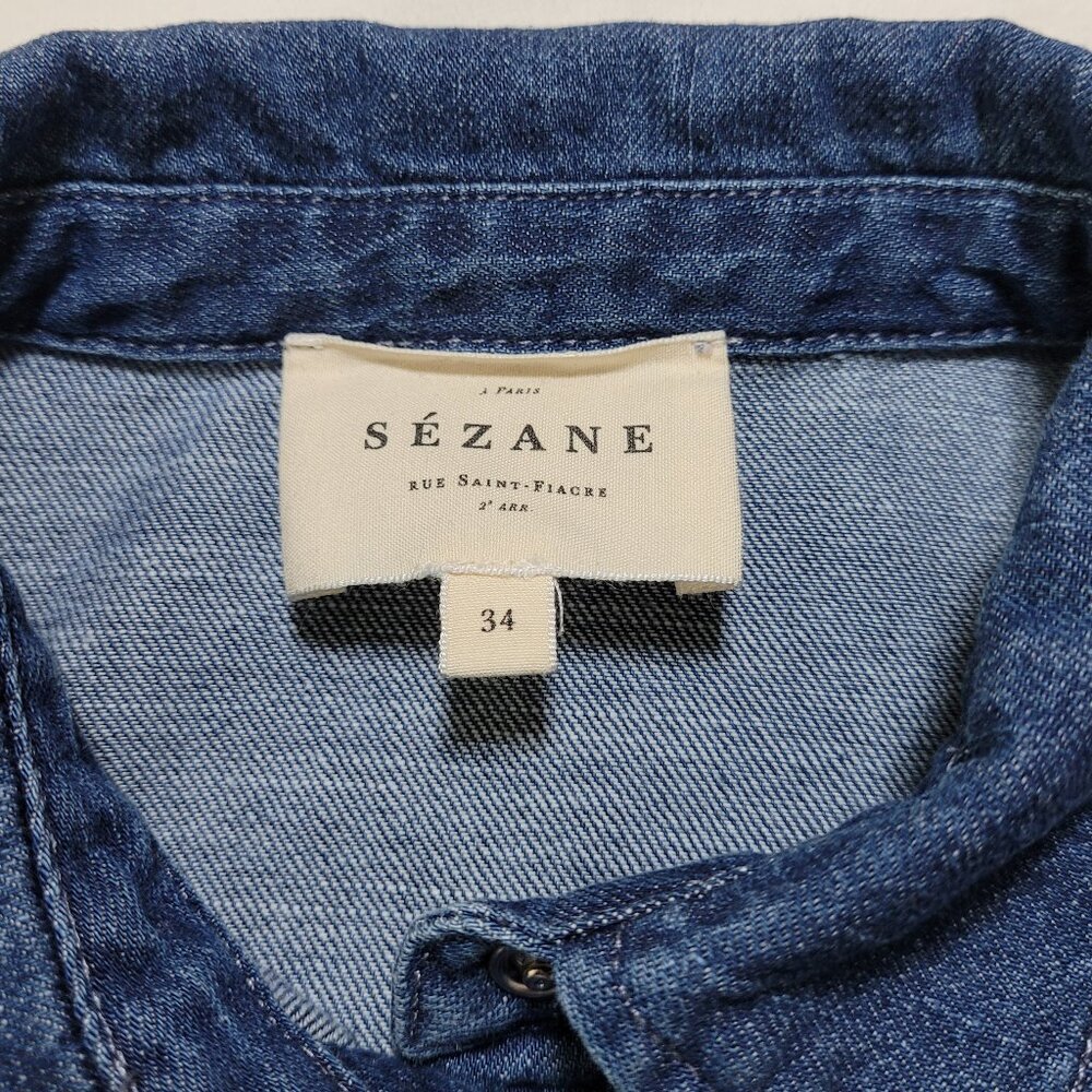 Sezane Denim Ruffle Blouse Top Long Sleeve Blue Romantic French Size 34 Western - Picture 7 of 10